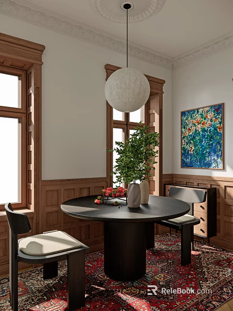 Elegant Restaurant Interior With Round Black Dining Table Green Plant And Colorful Floral Painting 3d model 