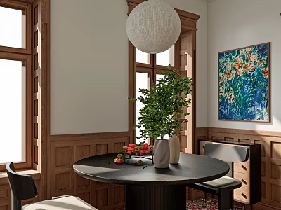 Elegant Restaurant Interior With Round Black Dining Table Green Plant And Colorful Floral Painting 3d model