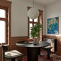 Elegant Restaurant Interior With Round Black Dining Table Green Plant And Colorful Floral Painting