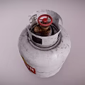 Silver Gray LPG Cylinder With Red Valve And Warning Label On Metal Surface