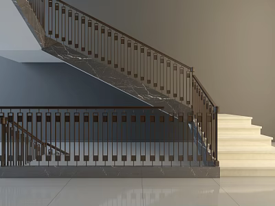 Elegant Modern Staircase Interior With Marble Treads Metal Railings And White Steps 3d model