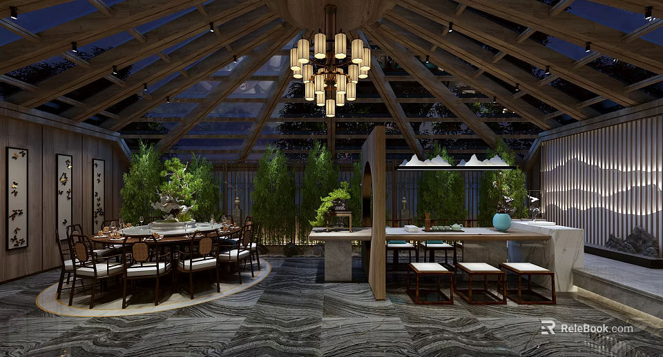 Elegant Chinese Private Dining Room Interior With Wooden Ceiling Chandelier Green Plants And Tables Chairs 3d model 