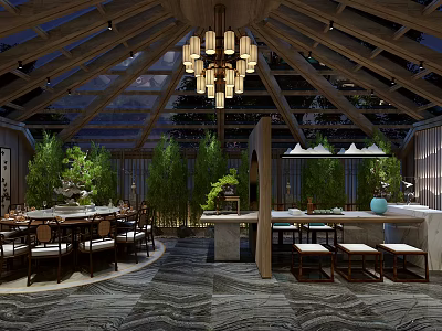 Elegant Chinese Private Dining Room Interior With Wooden Ceiling Chandelier Green Plants And Tables Chairs 3d model