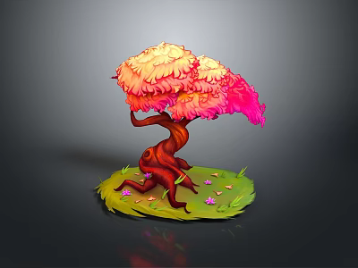 Vibrant Tree Featuring Pink Orange Leaves Twisted Red Trunk and Green Grass with Fallen Petals 3d model