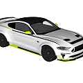 White Sports Car Exterior Features Black Roof Stripes Yellow Accents and Black Wheels