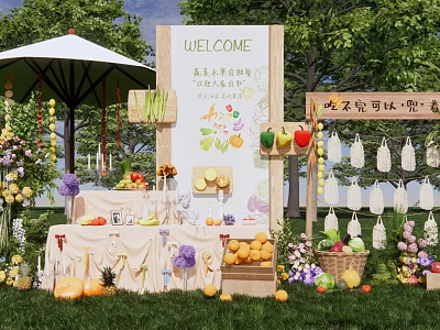 Colorful Parent Child Fruit Themed Photo Check in Spot With Welcome Sign Flowers And Grass Decorations 3d model