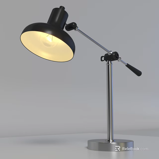 Modern Black Desk Lamp With Adjustable Silver Metal Arm And Illuminated Bulb 3d model 