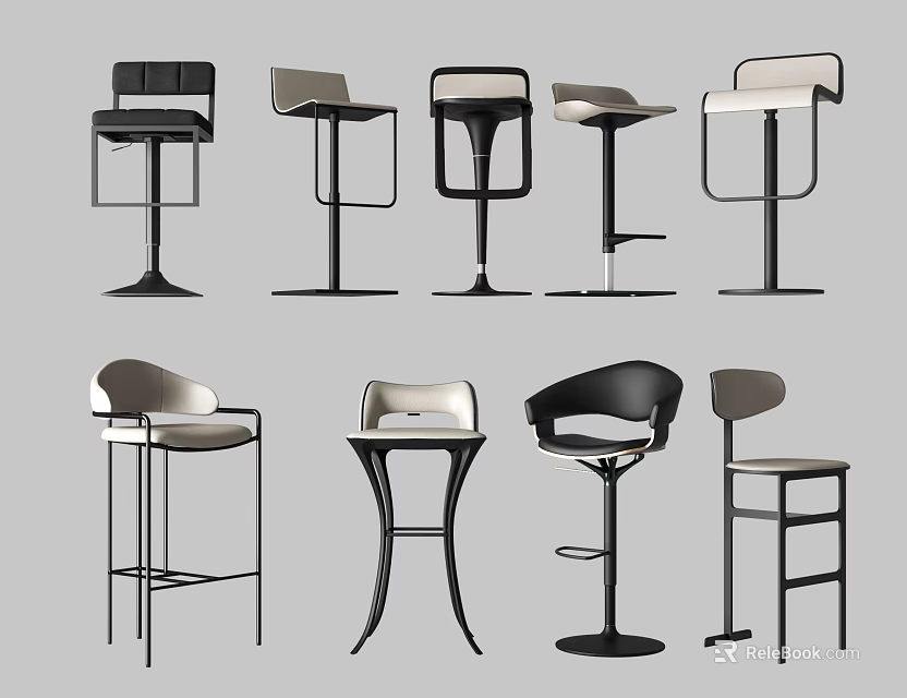 Various Modern Bar Stools Displaying Different Contemporary Design Features and Styles 3d model 