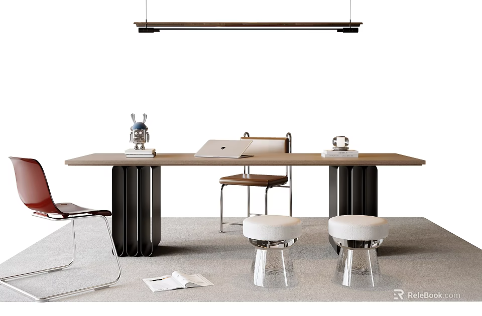 Modern Desk Interior Setup With Laptop Decorative Items Red Chair Transparent Stools And Lighting 3d model