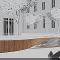 Wooden Outdoor Chair With Modern Design In Park Plaza Near White Building And Trees Around