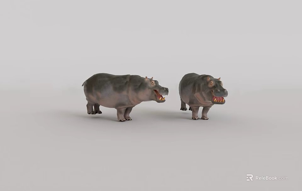 Two Gray Hippo 3D Models With Open Mouths On Light Gray Background 3d model 