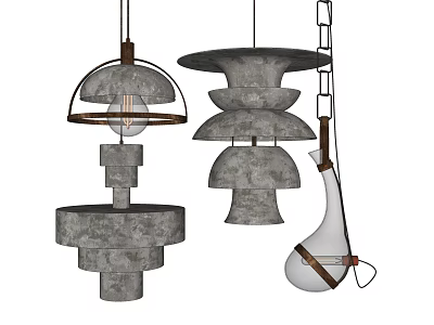 Modern Pendant Lights With Concrete Layers Metal Frame And Leather Accent Design 3d model