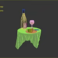 Small Table With Gray Tablecloth Green Wine Bottle Wine Glass And Cheese