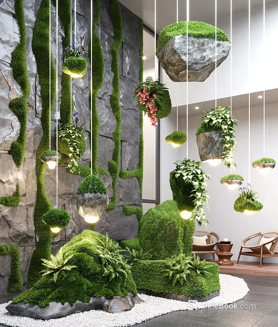Lush Indoor Green Landscape With Hanging Plants Stone Wall Warm Lighting And Cozy Seating 3d model 