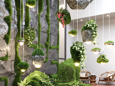 Lush Indoor Green Landscape With Hanging Plants Stone Wall Warm Lighting And Cozy Seating 3d model