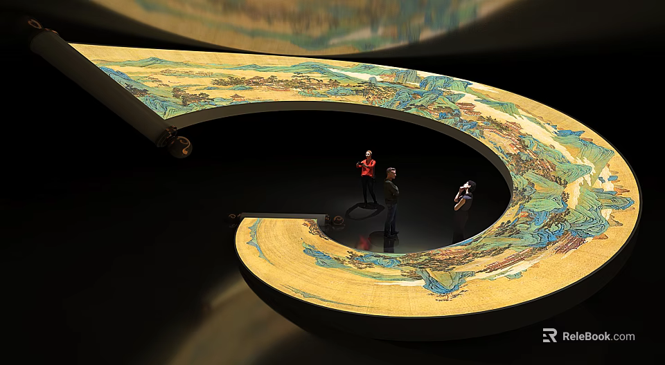 Large Spiral Art Installation With Colorful Landscape Patterns And Visitors Exploring In Dark Environment 3d model 