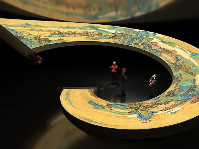 Large Spiral Art Installation With Colorful Landscape Patterns And Visitors Exploring In Dark Environment 3d model