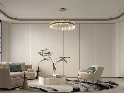 Hotel Public Lounge With Beige Sofa Armchair Round Coffee Table Chandelier And Light Colored Walls 3d model