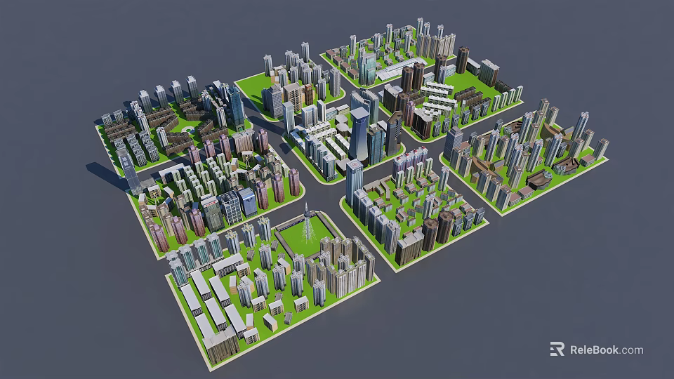 Modern Urban City Model With High Rise Buildings Green Spaces And Detailed Layouts 3d model 