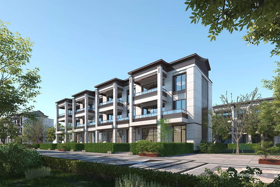 Modern Townhouse Exterior Design With Multiple Floors Balconies And Greenery Surrounded By Trees And Road 3d model 