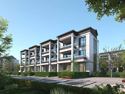 Modern Townhouse Exterior Design With Multiple Floors Balconies And Greenery Surrounded By Trees And Road 3d model
