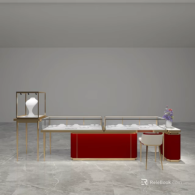 Modern Display Shelves With Golden Frame Red Cabinet And Glass Showcase 3d model 