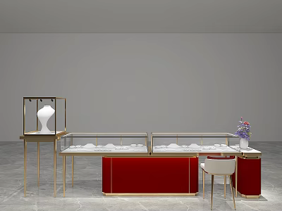 Modern Display Shelves With Golden Frame Red Cabinet And Glass Showcase 3d model