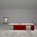 Modern Display Shelves With Golden Frame Red Cabinet And Glass Showcase