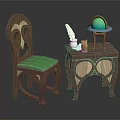 Wooden Table And Chair Set With Green Cushion Unique Design And Decorative Globe Ornament