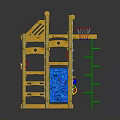 Wooden Children's Play Building With Yellow Roof Red White Stripes Climbing Net And Ropes