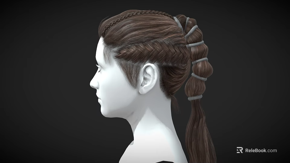 A Woman with Brown Braided Hair and Ponytail Secured by Hair Ties in Side Profile 3d model 