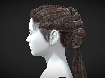A Woman with Brown Braided Hair and Ponytail Secured by Hair Ties in Side Profile 3d model