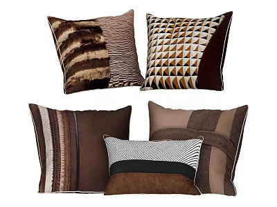 Stylish Brown Throw Pillows With Striped Geometric And Patchwork Textured Designs 3d model