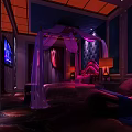 SPA Sauna Room With Purple Lighting Four Poster Bed Canopy Drapes Dark Walls And Carpet
