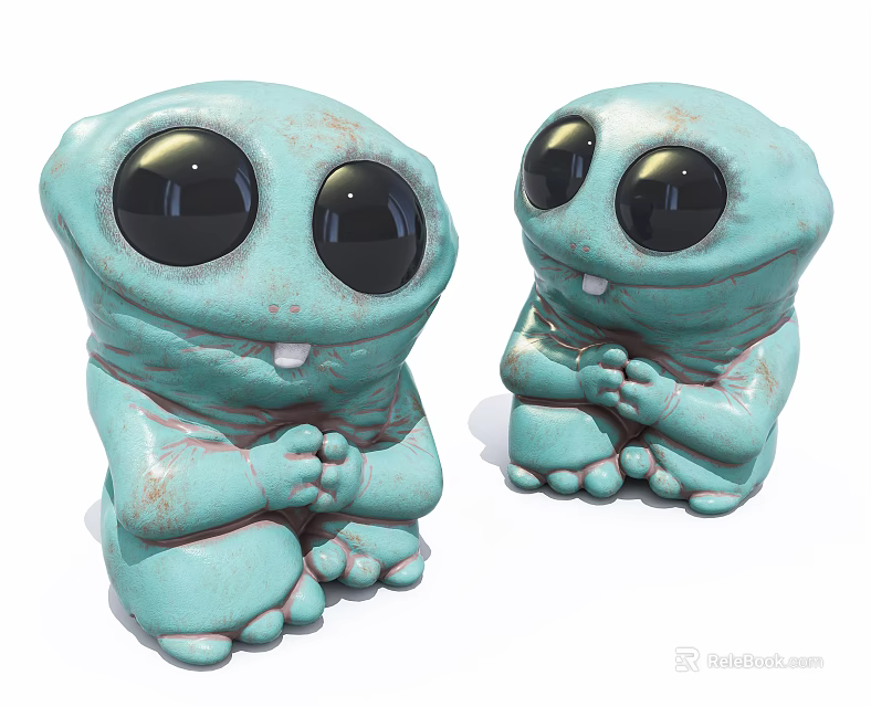 Turquoise Cute Cartoon Creatures With Large Black Eyes And Clasped Hands Figurines 3d model 