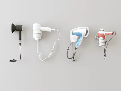 Various Design Hair Dryers As Daily Electrical Appliances Mounted On Wall 3d model