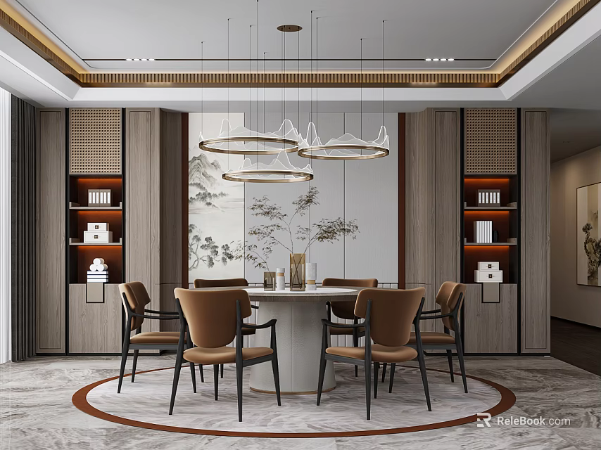 Elegant Modern Restaurant Interior With Round Dining Table And Upholstered Chairs 3d model