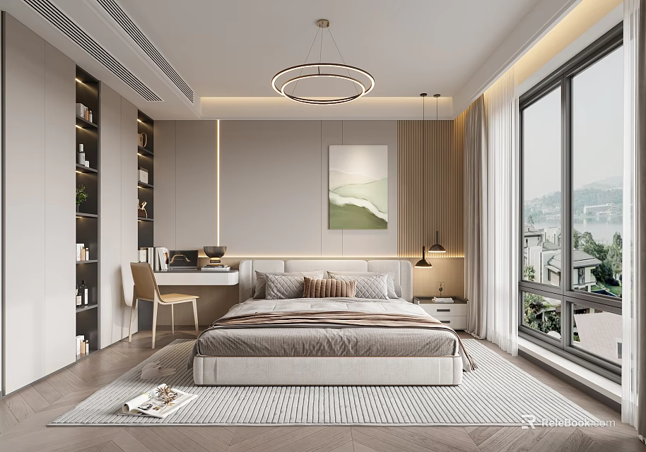 Modern Bedroom Interior With Large Bed Desk Chair And Scenic Window View 3d model 