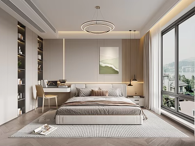 Modern Bedroom Interior With Large Bed Desk Chair And Scenic Window View 3d model