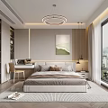 Modern Bedroom Interior With Large Bed Desk Chair And Scenic Window View
