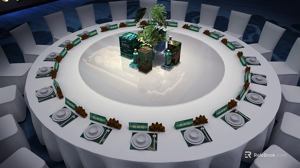 Elegant Round Dining Table Set with Chairs Tableware and Green Plant Decor 3d model