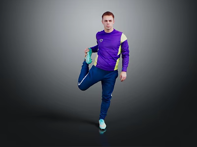 Man Doing Leg Stretch in Purple Active Top and Blue Pants Against Gray Black Background 3d model