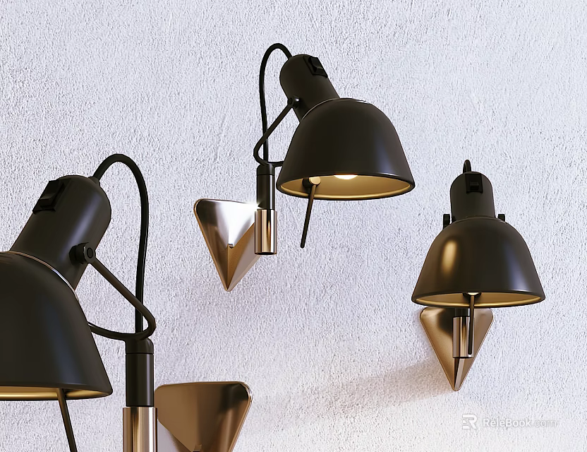 Modern Black Wall Lamps With Adjustable Arms Mounted On White Wall For Warm Illumination 3d model 