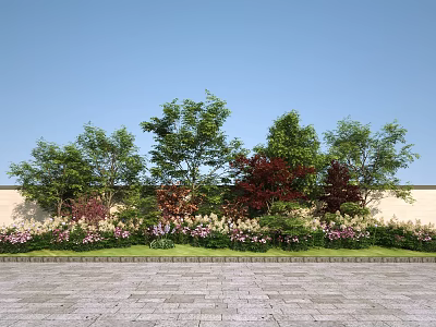 Colorful Flowers and Plants With Lush Trees Against White Wall and Stone Paved Ground 3d model