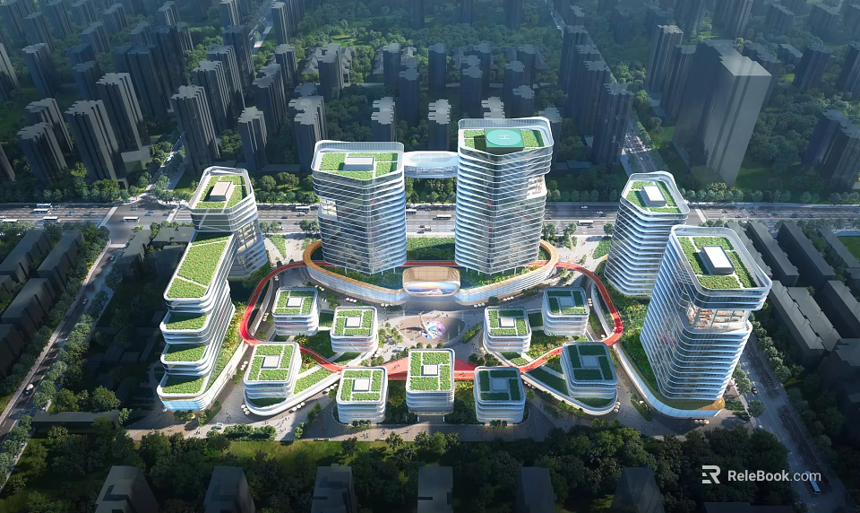 Modern High Rise Office Buildings With Green Roofs And Circular Urban Layout And Surrounding Greenery 3d model 