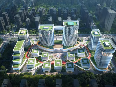 Modern High Rise Office Buildings With Green Roofs And Circular Urban Layout And Surrounding Greenery 3d model