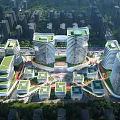 Modern High Rise Office Buildings With Green Roofs And Circular Urban Layout And Surrounding Greenery