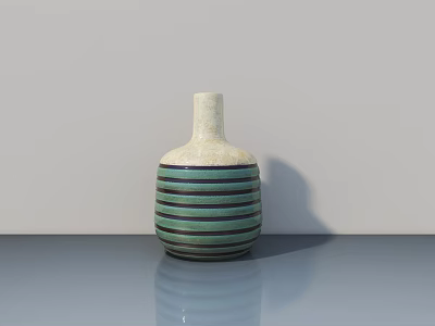 Modern Vase with Green and White Stripes Holding Fresh Flowers on Grey Tabletop 3d model