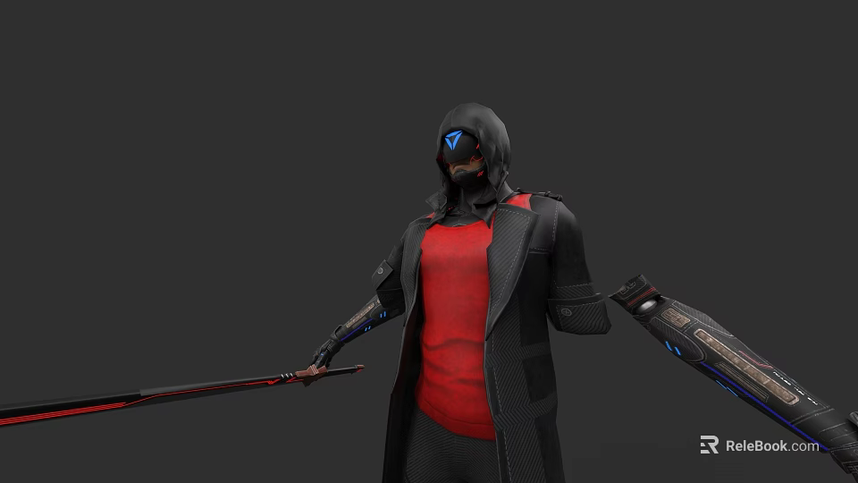 Game Movie Character in Black Hooded Coat Red Shirt With Blue Logo Helmet Weapons 3d model 