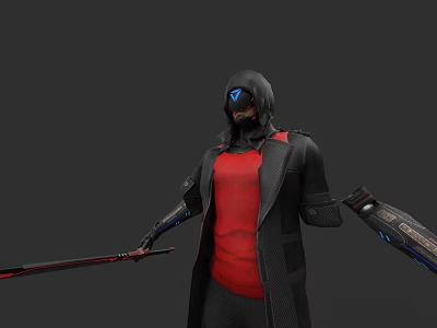 Game Movie Character in Black Hooded Coat Red Shirt With Blue Logo Helmet Weapons 3d model